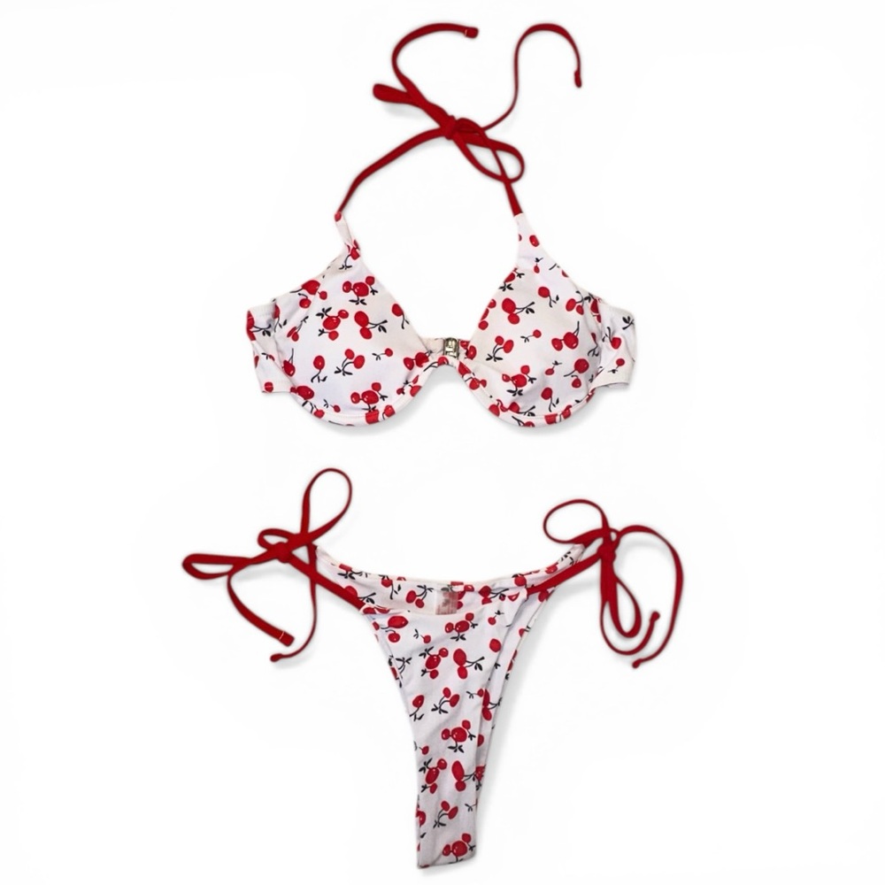 NWOT Cherry Print Red & White Tie-Side Underwire Padded Bikini Set, Size S